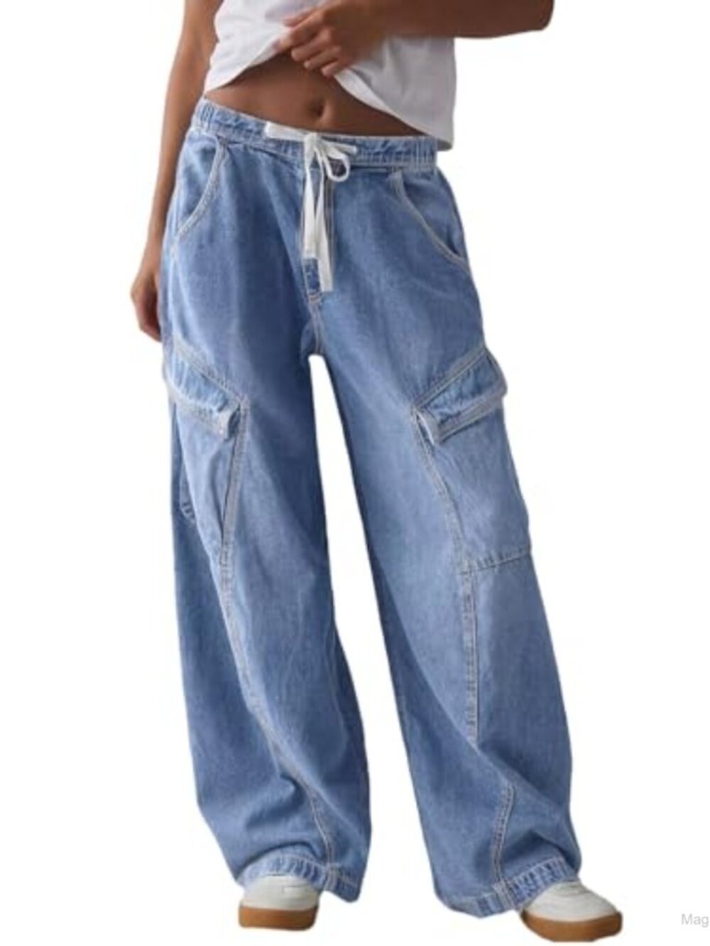 Mid Low Rise Baggy Boyfriend Jeans for Women with Elastic Waist and Cargo